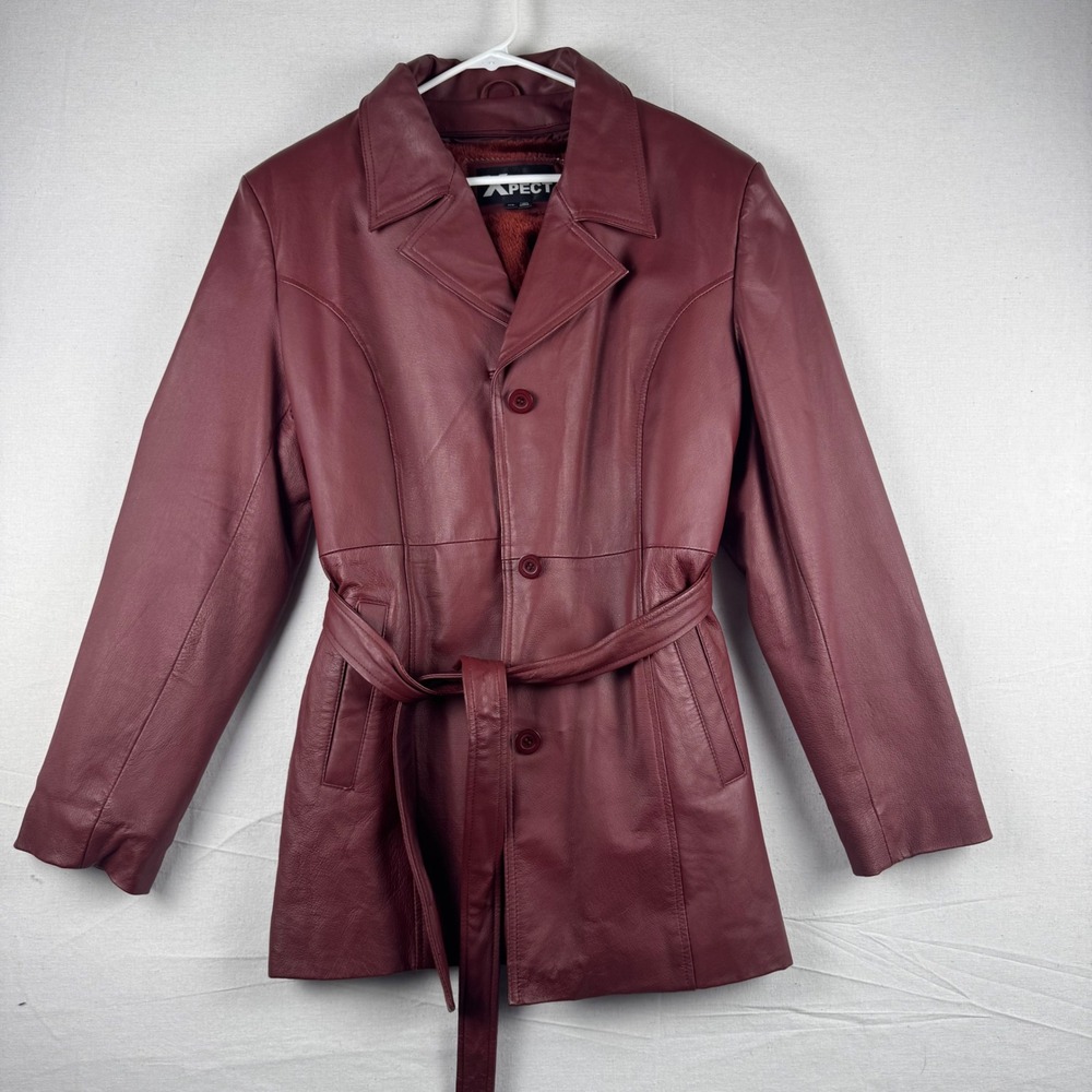 XPECT XL Burgundy Genuine Leather Trench Coat Belted Faux Fur Lined Jacket